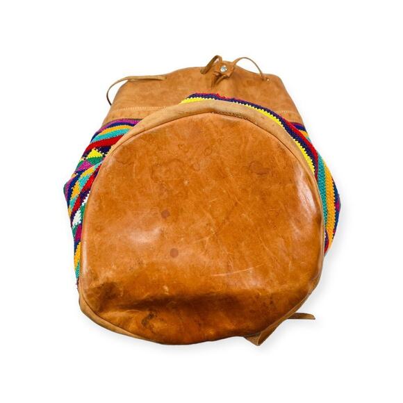 Vintage 90s Traditional Ethnic Leather Knit Drawstring Bucket Bag Multi Unisex - Picture 8 of 10